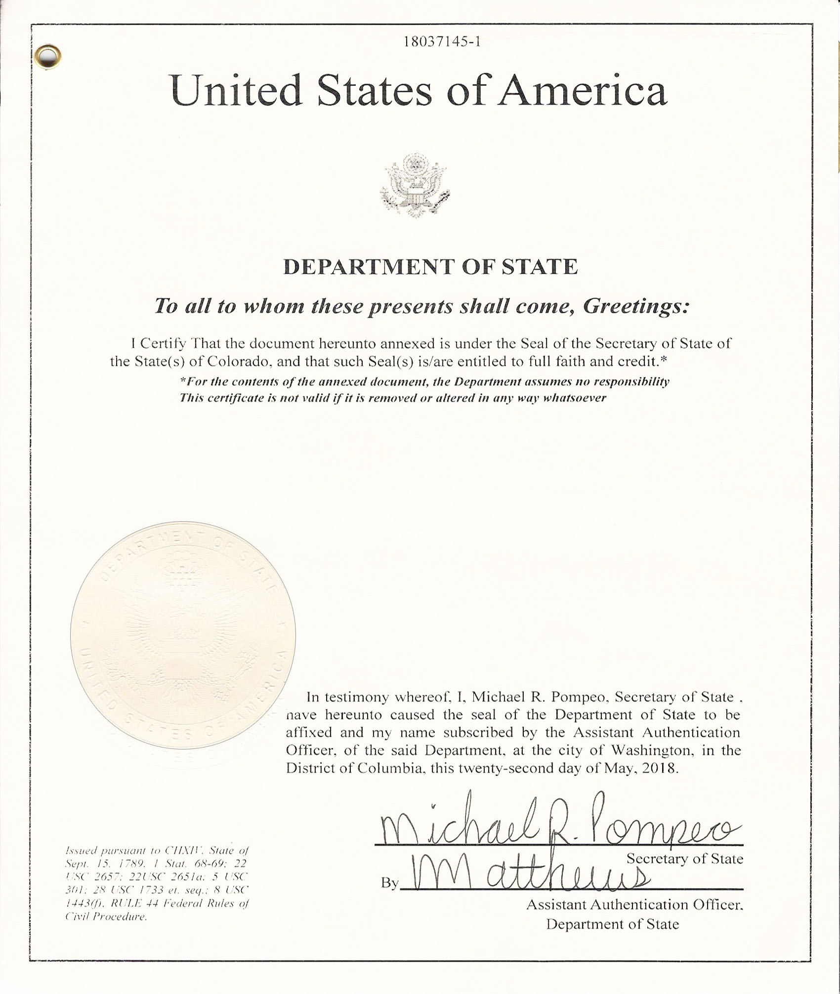 My document is authenticated by the U.S. Department of State